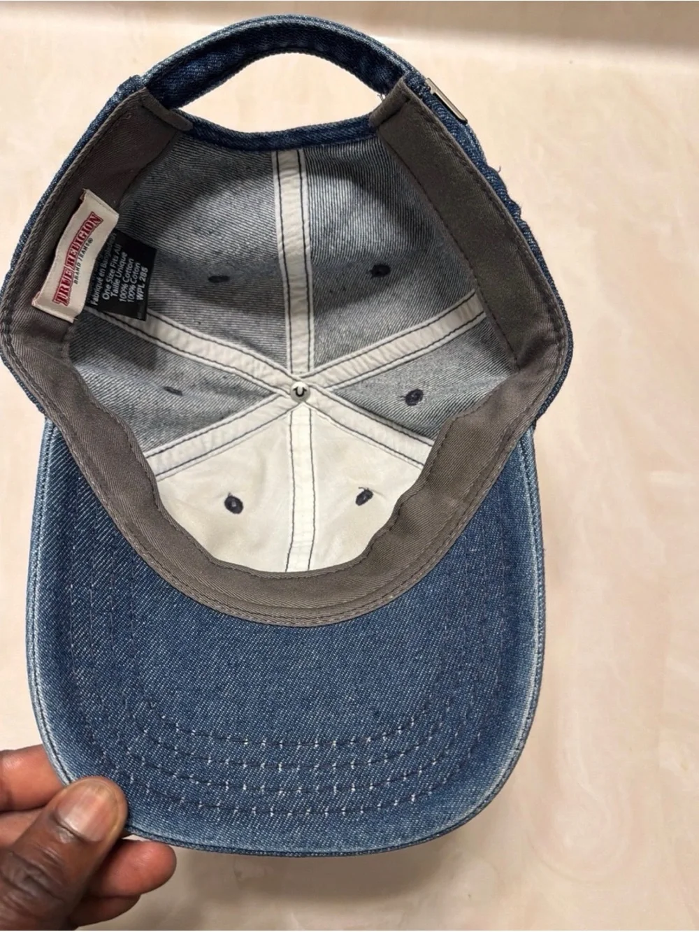True Religion Blue Denim Baseball Cap with Embroidered Buddha Guitar
